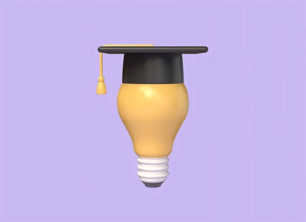 三维毕业帽的灯泡在卡通风格 获得教育或在线学习的概念 在紫色背景上孤立的图解 3D渲染 — 图库照片