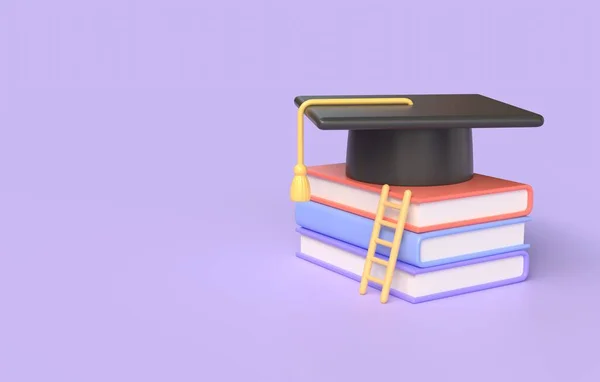本の3Dスタック 大学院の帽子 漫画スタイルのはしご 学校に戻るか 教育を受け オンライン学習の概念 紫色の背景のイラストです 3Dレンダリング — ストック写真