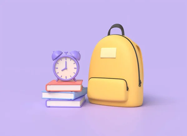 3D背包 成堆的书籍和卡通风格的闹钟 回到学校或接受教育的概念 在线学习 紫色背景的图解 3D渲染 — 图库照片
