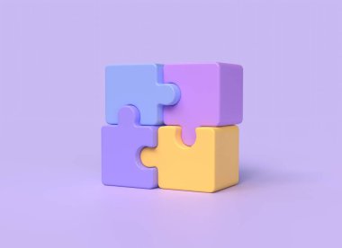 Çizgi film tarzında 3 boyutlu bulmaca küpü. Takım çalışması, işbirliği, ortaklık sembolü. İş konsepti. Mor arka planda izole edilmiş bir resim. 3d oluşturma