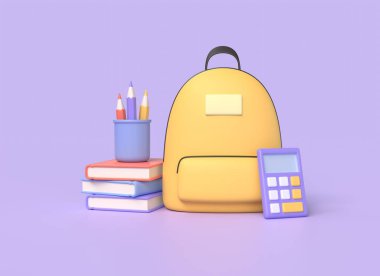 3D sırt çantası, kitap yığını ve çizgi film tarzında hesap makinesi. Okula geri dönme, eğitim alma, online öğrenme kavramı. Mor arkaplanda illüstrasyon. 3d oluşturma