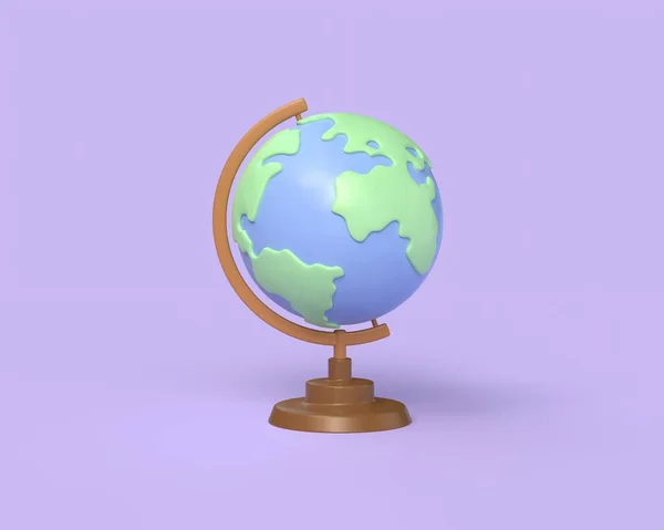 3D行星地球与世界地图的卡通风格 在紫色背景上孤立的图解 3D渲染 — 图库照片