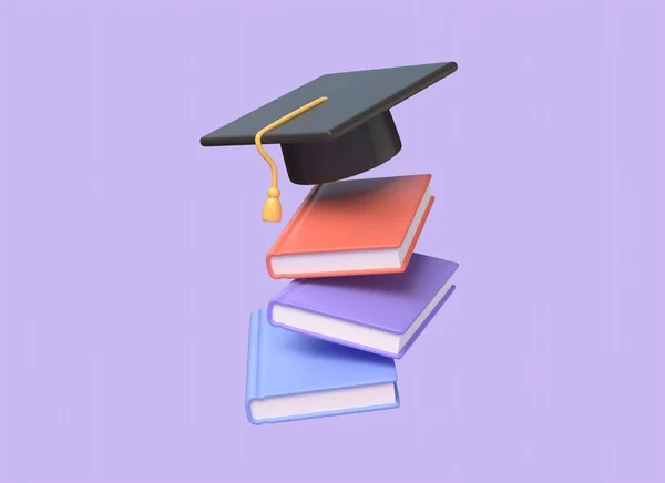 3D堆积如山的书籍 秋天的研究生帽 回到学校教育 升入学校或大学 在紫色背景上孤立的图解 3D渲染 — 图库照片