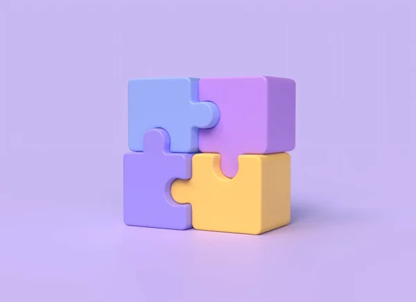 漫画風の3Dパズルキューブ チームワーク パートナーシップの象徴 ビジネスコンセプト 紫色の背景に描かれています 3Dレンダリング — ストック写真