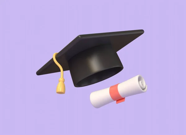 3D卡通风格的毕业帽和毕业证书 网上学习或教育的概念 在紫色背景上孤立的图解 3D渲染 — 图库照片