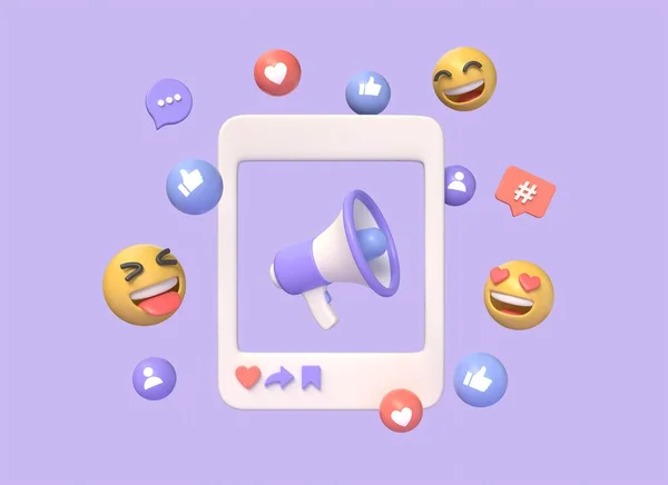3d megaphone or loudspeaker, photo frame, thumbs up icon, hashtag, heart. concept of social media communication and promotion. digital marketing. illustration on purple background.3d rendering