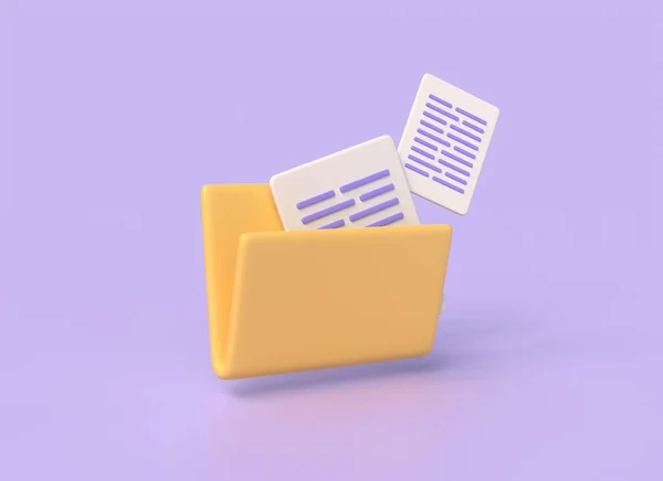 3Dファイルやドキュメントは黄色のフォルダから飛んでいきます 安全なファイル転送と記憶の概念紫の背景に隔離されたイラスト 3Dレンダリング — ストック写真