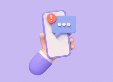 3D cep telefonu ve yorum simgesi ile konuşma balonu, uyarı ünlem işareti. Sosyal medya sohbet hatası mesajı. ve mor arkaplanda illüstrasyon. 3d oluşturma