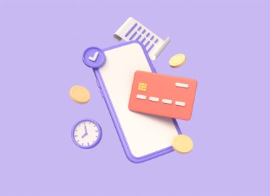 3D cep telefonu, kredi kartı, altın paralar, çizgi film tarzı saat. Akıllı telefon kullanarak ödeme ya da işlem kavramı. İş ve finans. Mor arkaplanda illüstrasyon. 3d oluşturma