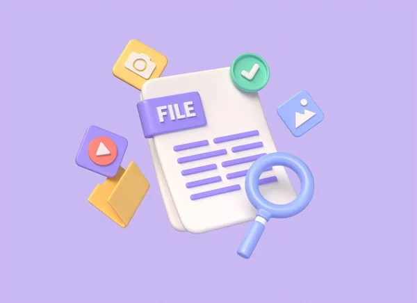 3d file icon, folder, video player and photo gallery icons. Search for images and video files in the database. searching and managing documents. illustration on purple background. 3d rendering