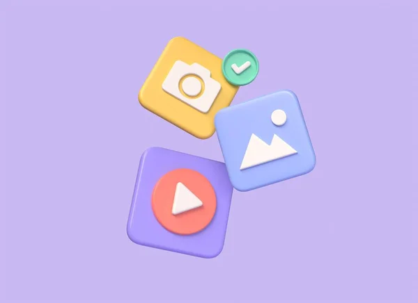 3d media files icons, video player icons, photo galleries. Document management software. search and manage files. illustration isolated on purple background. 3d rendering