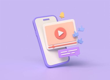 3D cep telefonu ve video oynatıcı, yorum, çizgi film tarzını onaylıyor. Sosyal ağlarda çevrimiçi yayınlar. İçerik monitizasyonu. Mor bir arkaplanda illüstrasyon. 3d oluşturma