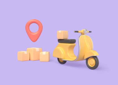 Paketler için 3D servis scooter ve karton kutular, konum simgesi. Hızlı teslimat hizmeti konsepti. Online mağazadan alınmış. 3d oluşturma