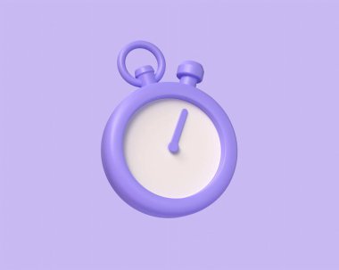 3D kronometre simgesi minimalist çizgi film tarzında. Mor arka planda izole edilmiş zamanlayıcı çizimi. 3d oluşturma