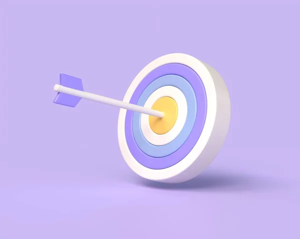 3D箭以极简主义风格击中目标中心 业务或目标实现的概念 在紫色背景上孤立的图解 3D渲染 — 图库照片