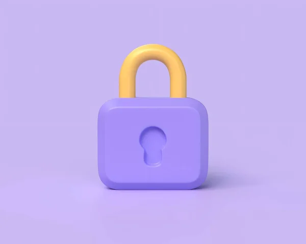 3D lock icon in cartoon style. the concept of security or strong protection on the Internet and social networks. illustration isolated on purple background. 3d rendering