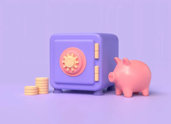3d safe and pig piggy bank in cartoon style. the concept of safe money storage, bank deposit. illustration isolated on purple background. 3d rendering