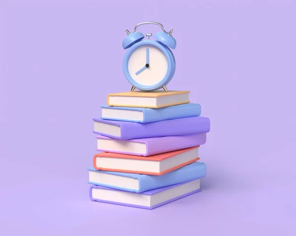 本の3Dスタック 漫画のスタイルで目覚まし時計 学校に戻るとか教育を受けるとかオンライン学習とか 紫色の背景のイラストです 3Dレンダリング — ストック写真