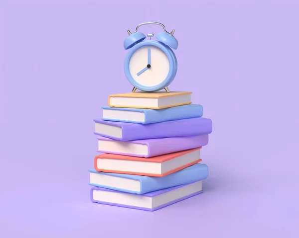 本の3Dスタック 漫画のスタイルで目覚まし時計 学校に戻るとか教育を受けるとかオンライン学習とか 紫色の背景のイラストです 3Dレンダリング — ストック写真