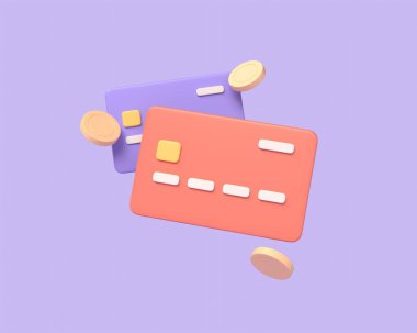 3D çevrimiçi ödemeler kredi veya banka kartı konsepti. Para transferi. Finansal işlemler. Mor zemin üzerinde yüzen madeni paralar minimum düzeyde, 3D render. resimleme