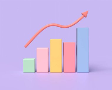 3d graph and arrow icon in cartoon style. business and finance growth analytics concept, money investment. illustration isolated on purple background. 3d rendering