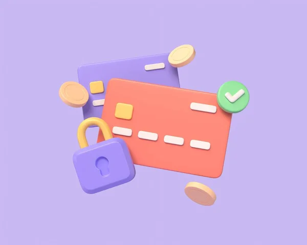 3D信用卡有锁 银行账户中的钱被冻结了 在线付款保护 钱的安全 银行卡 紫色背景的图解 3D渲染 — 图库照片