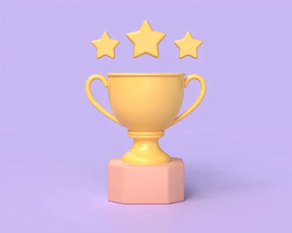 3D颁奖奖杯与明星 冠军金杯获奖者成功的概念 3D渲染插图最小的卡通风格 紫色背景的孤立物 — 图库照片