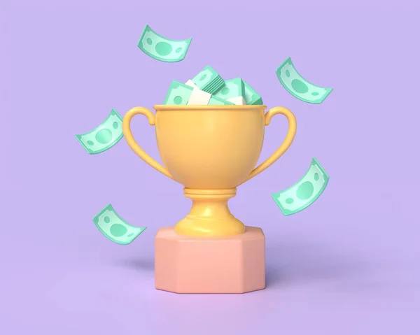 3D金奖杯或高脚杯和成捆的绿色钞票里面的卡通风格 庆祝胜利和获得现金奖励的概念 在紫色背景上孤立的例子 — 图库照片