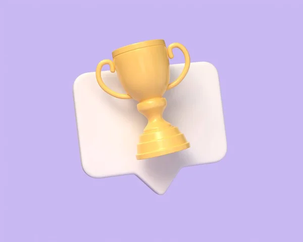 3D金奖杯或卡通风格的冠军杯和演讲泡沫 胜利庆祝及颁奖典礼的概念 在紫色背景上孤立的图解 3D渲染 — 图库照片