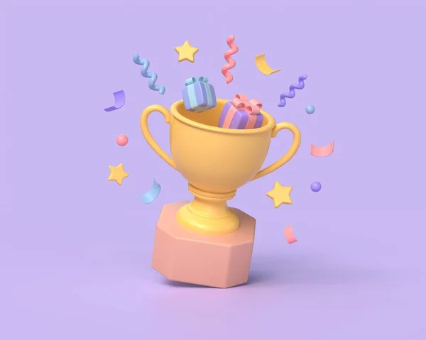 3D杯或冠军杯 内装礼品盒和糖果 胜利庆祝的概念 3D在紫色背景上渲染插图 — 图库照片