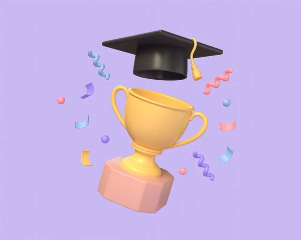 3D大学或学院研究生帽 有奖章和金杯的毕业帽 学生颁奖典礼的概念 3D渲染说明 — 图库照片