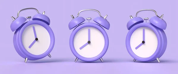 現実的な漫画のスタイルで3D目覚まし時計アイコン 紫色の背景に描かれています 3Dレンダリング — ストック写真