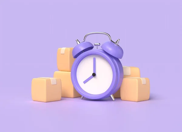 紫色の背景に段ボール箱と3D目覚まし時計 迅速な配達の概念 動く日だ 貨物輸送サービス 3Dレンダリング図 — ストック写真