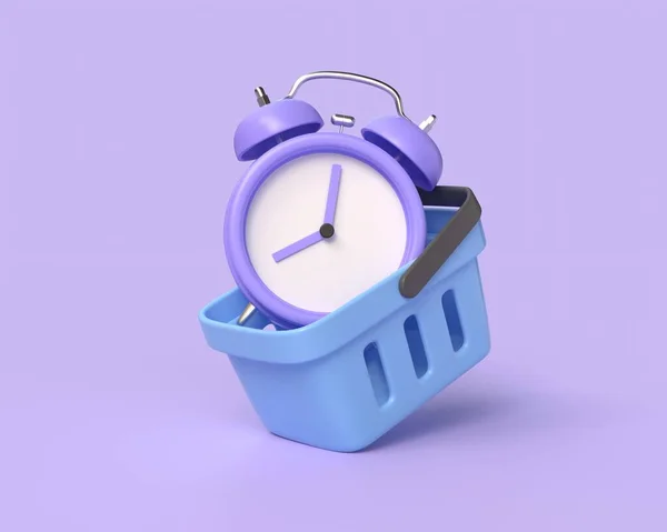 漫画風のショッピングカート内の3D目覚まし時計 買い物や販売の時間です 紫色の背景に描かれています 3Dレンダリング — ストック写真