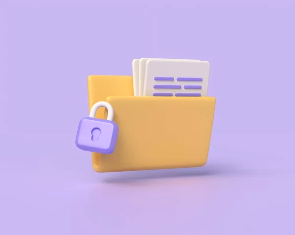 文件夹图标与锁隔离在紫色背景 保密信息 数据存储 计算机文件夹 数据安全概念 3D渲染插图 简约风格 — 图库照片
