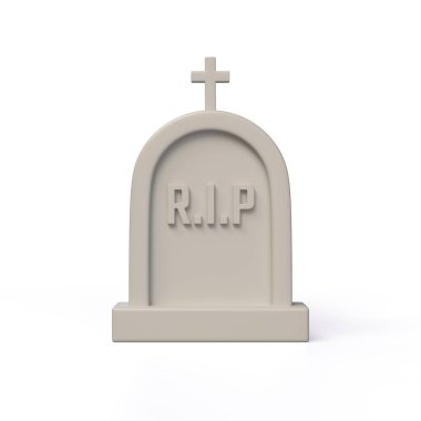 Gri mezar taşlı bir mezar taşı. Cadılar bayramı için gerçekçi 3D karikatür tasarım elemanı. Beyaz arkaplanda simge izole edildi. 3d oluşturma