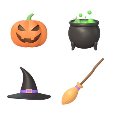 3 boyutlu balkabağı, süpürge ve cadı şapkası, cadı iksiri katılmış cadı iksiri. Tasarım için cadılar bayramı dekoratif elementler seti. Resimler beyaz arkaplanda izole edilmiş. 3d oluşturma