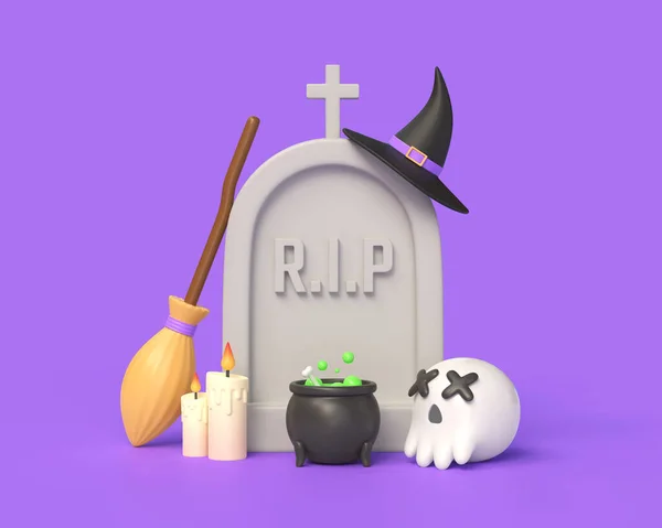 Boldog Halloween Ünnepi Design Sírkő Kereszt Üst Seprű Boszorkány Kalap — Stock Fotó