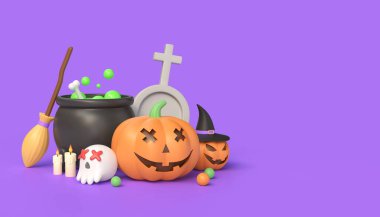 3 boyutlu balkabakları, cadı süpürgesi ve kazan, şapka, mezar taşı ve kafatası. Cadılar Bayramı için poster ya da afiş tasarımı. Kopya alanı. 3d oluşturma