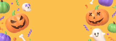 Kopyalama alanı olan soyut yatay afiş. Cadılar Bayramı. Üç boyutlu karikatür tarzı. Web sitesi için şenlik temalı şapka. Cadılar Bayramı arka plan yaratıcı tasarımı. Turuncu arka planda şölen posteri. 3d oluşturma