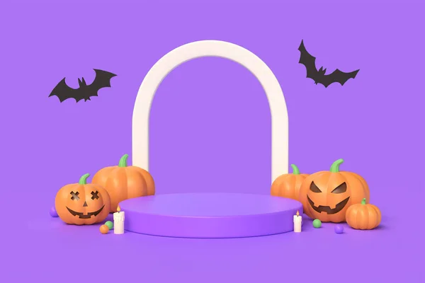 Szczęśliwego Halloween Realistyczne Design Podium Okrągłe Studio Pomarańczowe Dynie Emocje — Zdjęcie stockowe