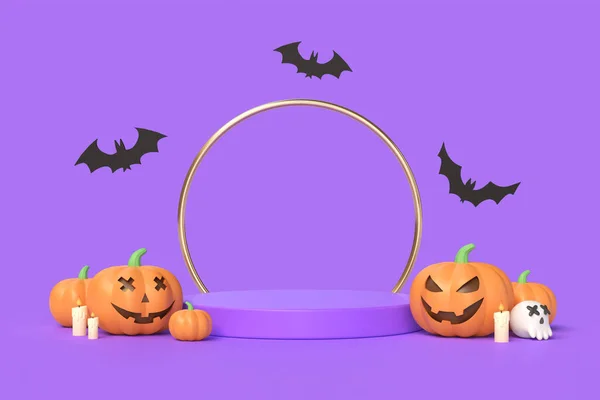 Szczęśliwego Halloween Realistyczne Design Podium Okrągłe Studio Pomarańczowe Dynie Emocje — Zdjęcie stockowe