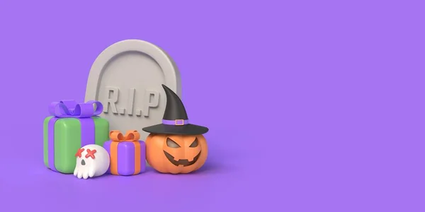 Boldog Halloween Koncepciót Sütőtök Koponya Ajándékdoboz Sírkő Fénymásoló Lila Háttérrel — Stock Fotó