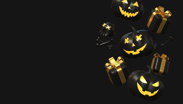 Pompoen Zwarte Kleur Met Een Griezelige Glimlach Gloeiende Ogen Geschenkdozen — Stockfoto