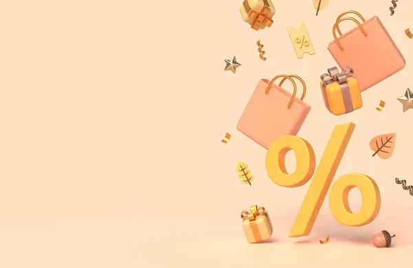 3d shopping bags, gift boxes, huge percent sign, leaves. illustration for banner or poster design for autumn sale. copy space. delicate pastel colors. 3d rendering