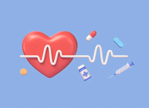 Heart Icon Pulse Line Pills Syringe Cartoon Style Medicine Health — Stock Photo, Image