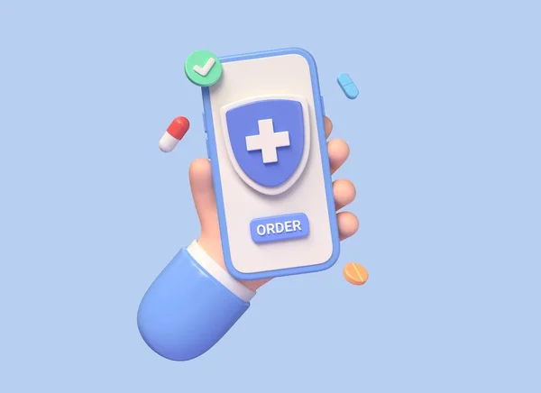3d smartphone in hand with a medical shield, a green tick and pills on the screen. concept of ordering or buying drugs. healthcare and medicine. 3d rendering