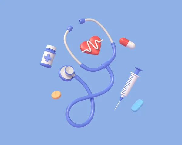 Medical Stethoscope Doctors Heart Pulse Line Pills Syringe Cartoon Style — Stock Photo, Image