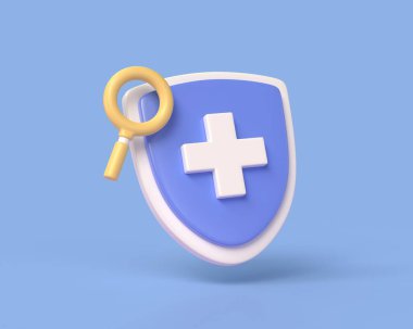 3D tıbbi kalkan ve çizgi film tarzında büyüteç. Tıp ve sağlık konsepti. İllüstrasyon mavi arka planda izole edilmiş.