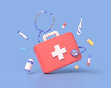 3d first aid kit, plastic bottle for pills, syringe, thermometer, stethoscope, capsules in cartoon style. concept of medicine and healthcare. illustration isolated on blue background. 3d rendering